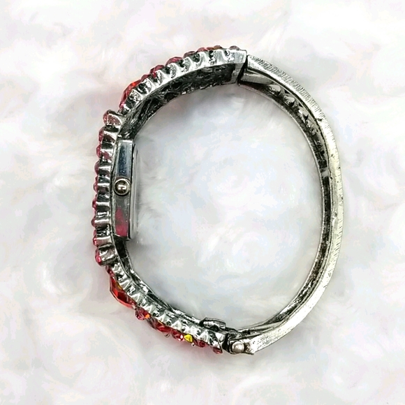 Figaro Couture Red Rhinestone Hinged Bangle Bracelet Watch - Picture 4 of 10